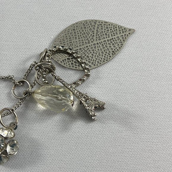 Etc! Necklace Silver Tone Dangle Charms Owl Leaf Heart Eiffel Tower Rhinestones - Picture 7 of 12